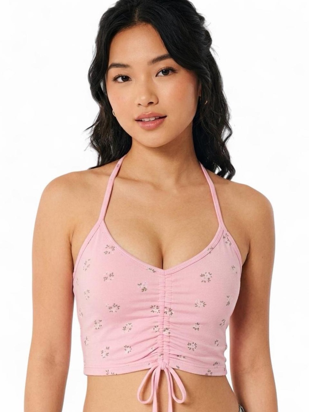 Hollister Pink Floral Ruched Halter Crop Top Size S